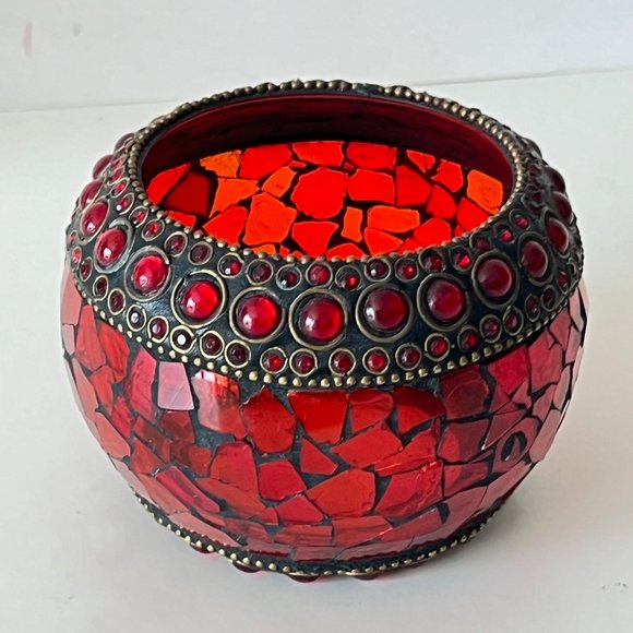 Radiant Elegance: Retro Mosaic Candle Holder / Vase with Brass & Rhinestone Trim - Picture 3 of 13